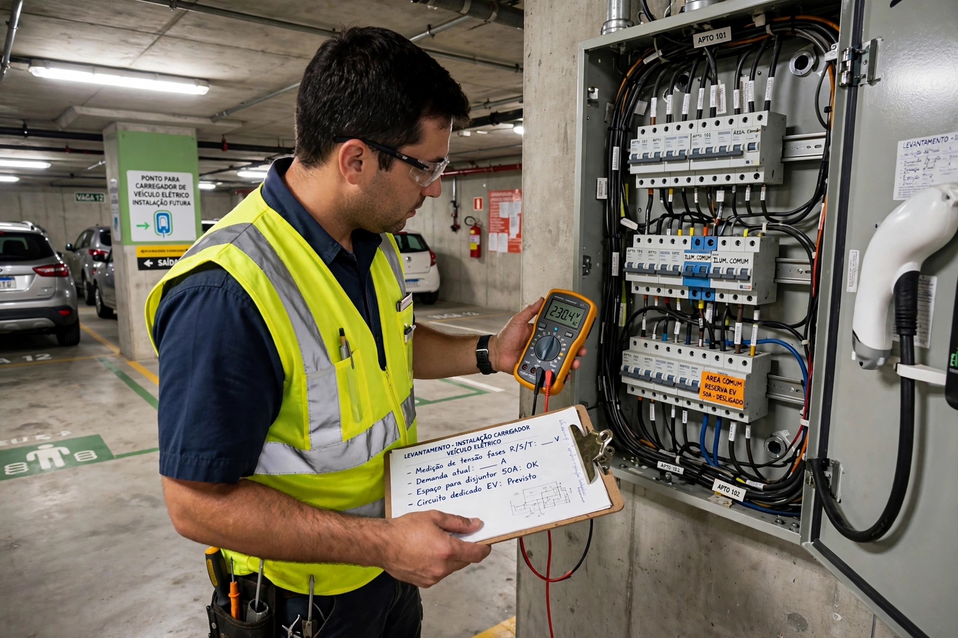 Eletricista fazendo o levantamento técnico do quadro de energia de um condomínio, medindo tensão com um multímetro antes da instalação de carregadores elétricos