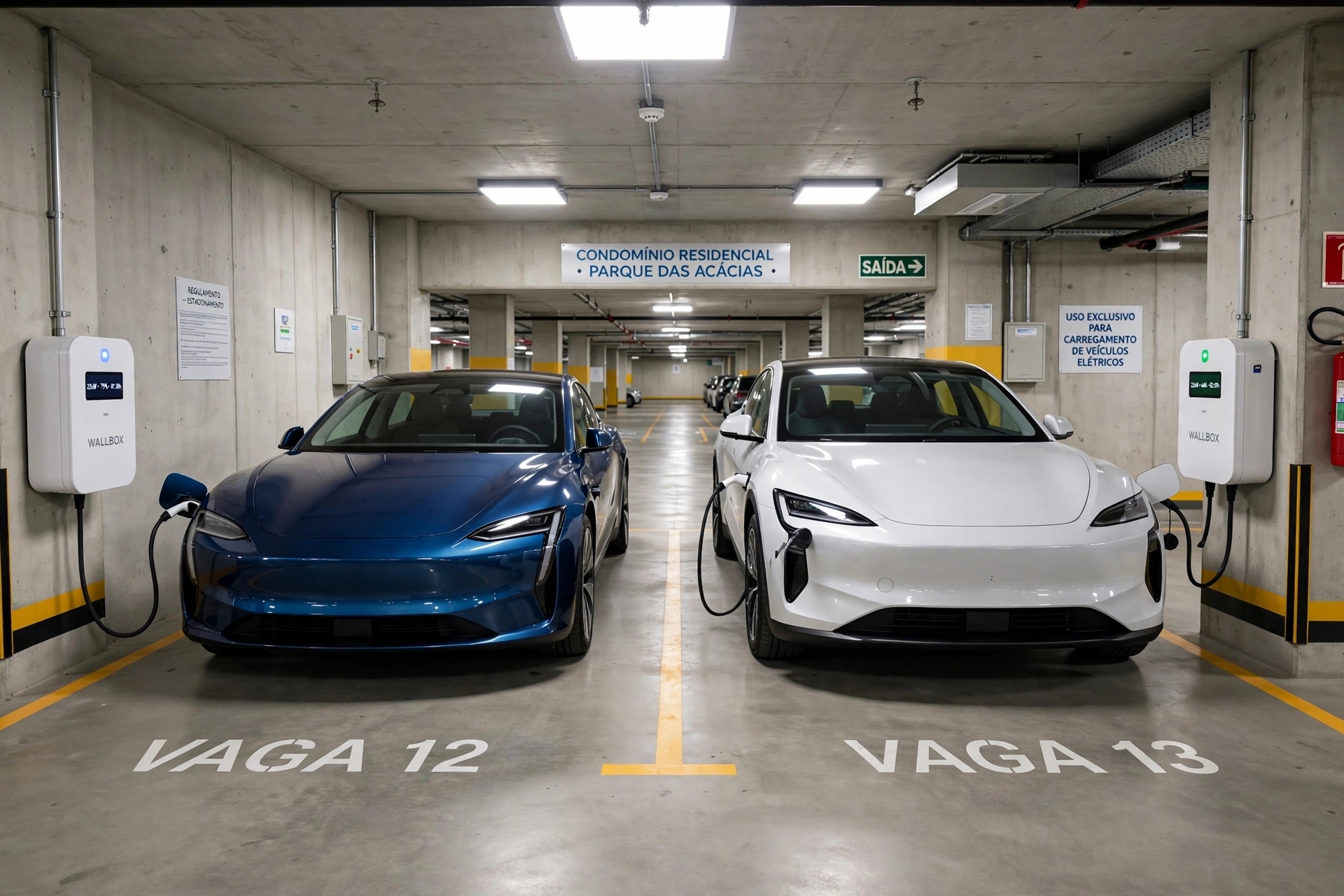 Dois carros elétricos carregando lado a lado em wallboxes de uma infraestrutura compartilhada, em vagas identificadas de um condomínio residencial